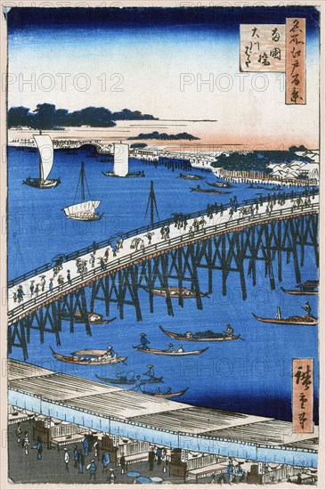 River Bank at Ryogoku Bridge (One Hundred Famous Views of Edo), 1856-1858. Creator: Hiroshige, Utagawa (1797-1858).