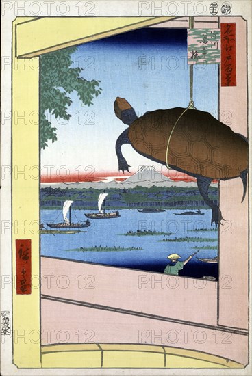 Mannen Bridge and the Fukagawa District (One Hundred Famous Views of Edo), 1856-1858.  Creator: Hiroshige, Utagawa (1797-1858).