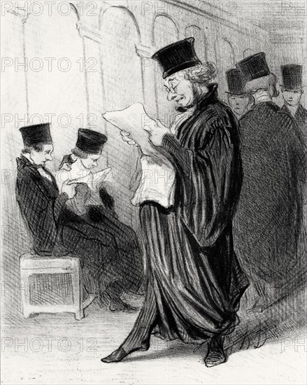 Lawyer Chabotard while reading in a legal journal a eulogy on himself, 1846. Creator: Daumier, Honoré (1808-1879).