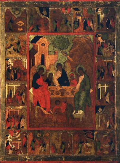 The Hospitality of Abraham (Old Testament Trinity), end of 16th century.  Creator: Russian icon.