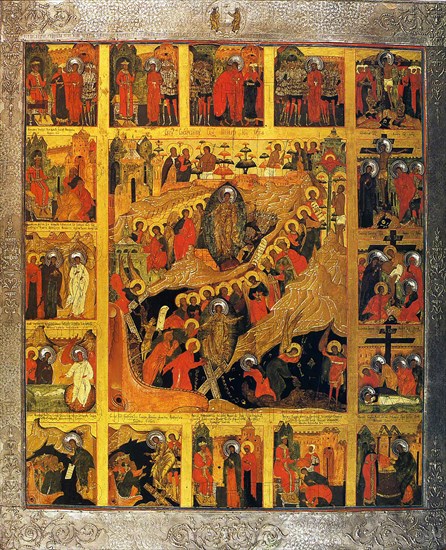 The Descent into Hell with the Scenes of the Passion of the Christ, 16th century.  Creator: Russian icon.