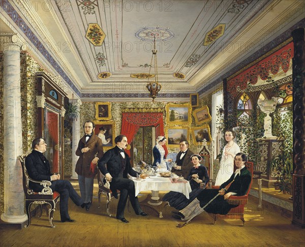 At the Tea Table', 1851. Creator: Voloskov, Alexei Yakovlevich (1822-1882).
