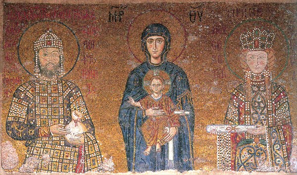 The Virgin with Child between emperor John II Comnenus and his wife, Irene, c1118.  Creator: Byzantine Master.