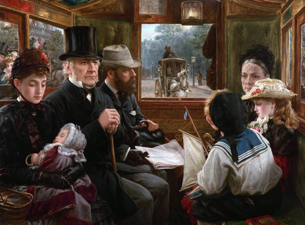 An Omnibus ride to Piccadilly Circus (Mr Gladstone travelling with ordinary passengers), 1885. Creator: Morgan, Alfred (1862-1904).