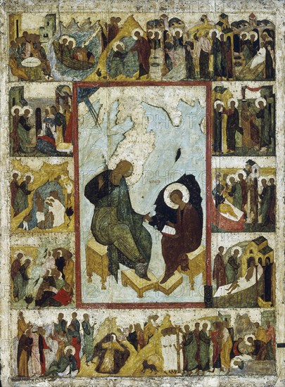 Saint John the Evangelist on Patmos with Scenes from His Life, early 16th century. Creator: Russian icon.