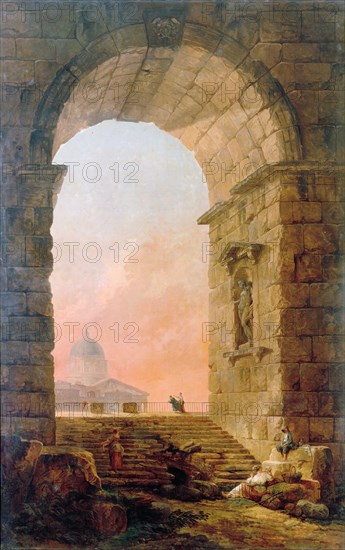 Landscape with an Arch and the St. Peter's Basilica in Rome', 1773. Creator: Robert, Hubert (1733-1808).