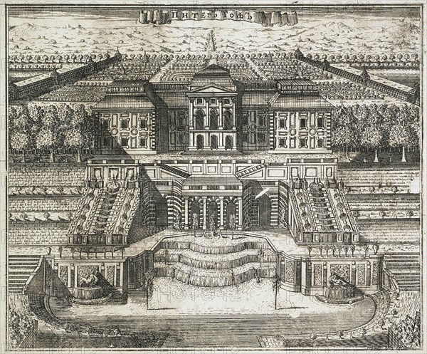 View of the Great Palace in Peterhof, 1717. Creator: Rostovtsev, Alexei Ivanovich (1670s-1730s).