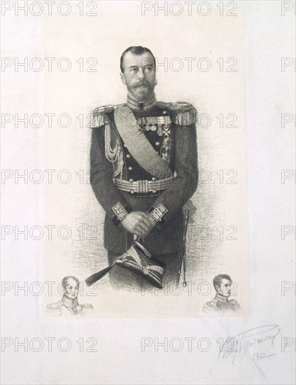 Portrait of Emperor Nicholas II with Remarque-Portraits of Emperors Alexander I and Nicholas I, 1912 Creator: Rundaltsov, Mikhail Viktorovich (1871-1935).