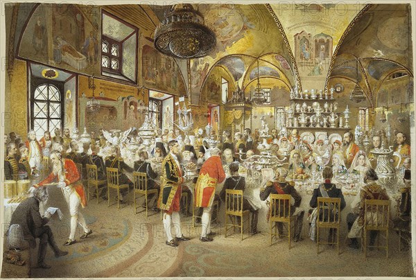 Ceremonial Dinner in the Palace of the Facets in the Moscow Kremlin, 1883-1895.  Creator: Zichy, Mihály (1827-1906).