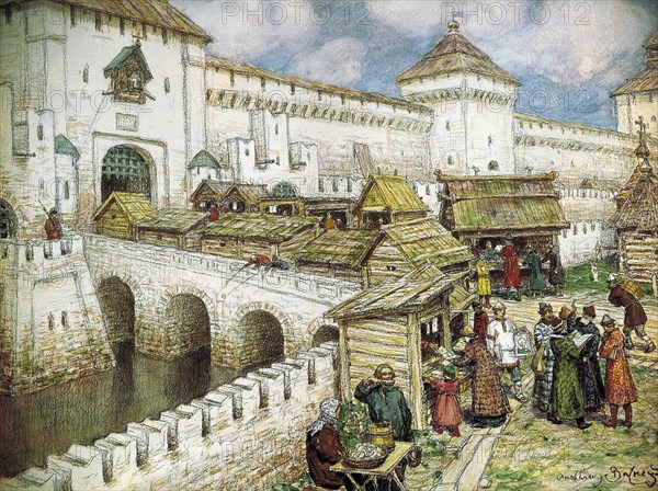 Bookshops on the Christ the Saviour Bridge, 1916.  Creator: Vasnetsov, Appolinari Mikhaylovich (1856-1933).