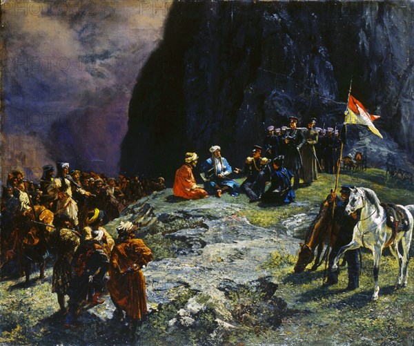 'The Meeting of General Klüke von Klügenau and Imam Shamil in 1837', 1849.  Artist: Grigory Gagarin