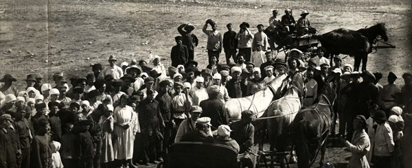 Leon Trotsky underway at a village, 1924.