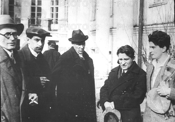 Michail Fainsilberg, Valentin Kataev, Mikhail Bulgakov, Yury Olesha and Iosif Utkin at the Funeral of Vladimir Mayakovsky, 1930.