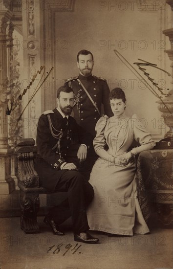 Emperor Nicholas II with Grand Duke Alexander Mikhailovich of Russia and his wife, Grand Duchess Xenia Alexandrovna of Russia, 1894.