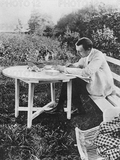 Composer Sergei Rachmaninov (1873-1943) Correction of the Piano Concerto No. 3 in Ivanovka, 1910.