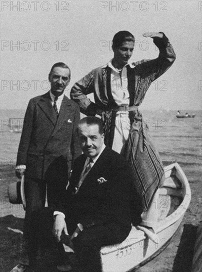 Walter Nouvel, Serge Diaghilev and Serge Lifar on the Lido in Venice, 1927.