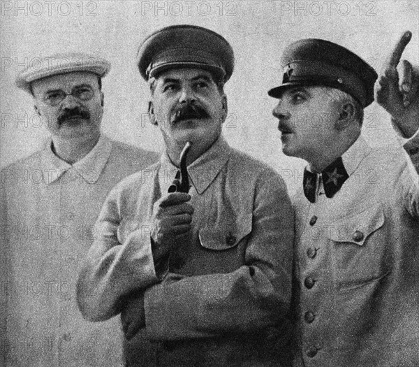 Vyacheslav Molotov, Joseph Stalin and Kliment Voroshilov on the Central Aerodrome, June 25, 1937, 1937.