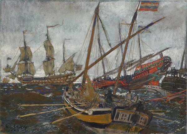 Ships at the Time of Peter I, 1909. Artist: Lanceray (Lansere), Evgeny Evgenyevich (1875-1946)
