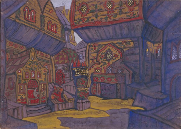 The Court of Prince Vladimir Galitsky. Stage design for the opera Prince Igor by A. Borodin, 1914. Artist: Roerich, Nicholas (1874-1947)