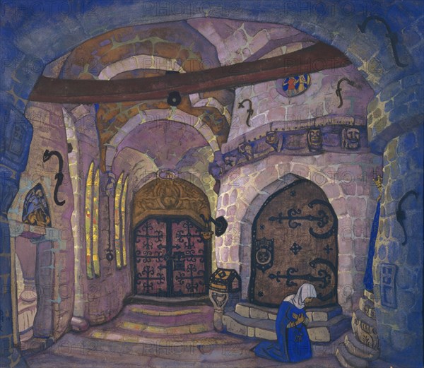 In the Monastery. Stage design for the opera Sister Beatrice by A. Davydov, 1914. Artist: Roerich, Nicholas (1874-1947)