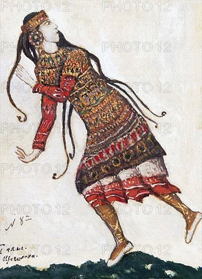 Ultrafashionable lady. Costume design for the ballet The Rite of Spring (Le Sacre du Printemps) by I. Stravinsky, 1912. Artist: Roerich, Nicholas (1874-1947)