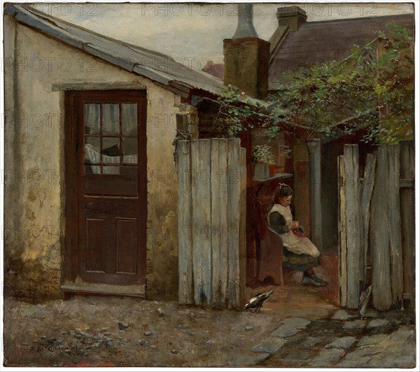 Girl with bird at the King Street bakery, 1886. Artist: McCubbin, Frederick (1855-1917)