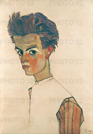 Self-Portrait with Striped Shirt, 1910. Artist: Schiele, Egon (1890?1918)