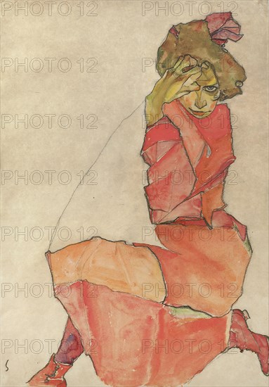 Kneeling Female in Orange-Red Dress, 1910. Artist: Schiele, Egon (1890?1918)