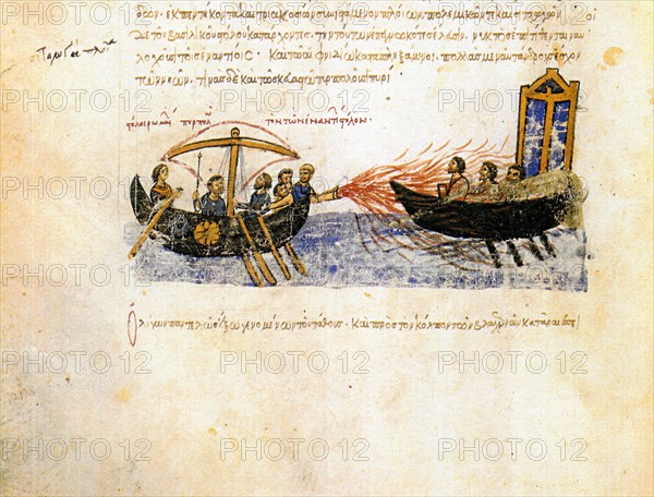 Greek fire. Miniature from the Madrid Skylitzes, 11th-12th century. Artist: Anonymous