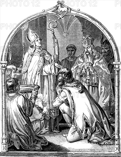 Baptism of Saxon leader Widukind (Illustration from the Geschichte des deutschen Volkes by E. Duller), 1840. Artist: Kirchhoff, Johann Jakob (1796-1848)