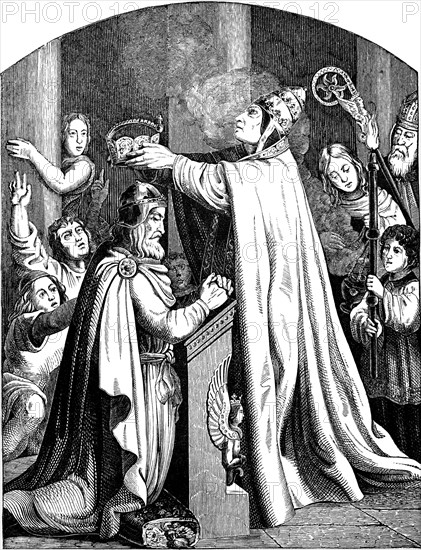 The Coronation of Emperor Charlemagne by Pope Leo III (Illustration from the Geschichte des deutschen Volkes by E. Duller), 1840. Artist: Kirchhoff, Johann Jakob (1796-1848)