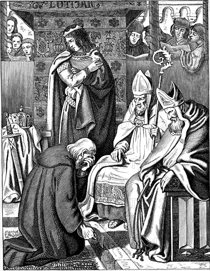 Louis the Pious making penance at Attigny in 822 (Illustration from the Geschichte des deutschen Volkes by E. Duller), 1840. Artist: Kirchhoff, Johann Jakob (1796-1848)