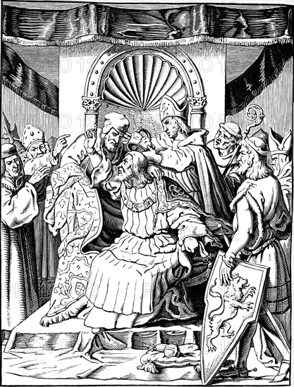 The abdication of Emperor Henry IV in Ingelheim (Illustration from the Geschichte des deutschen Volkes by E. Duller), 1840. Artist: Kirchhoff, Johann Jakob (1796-1848)