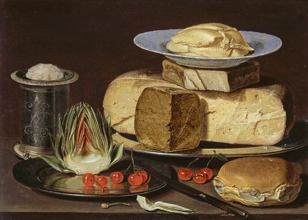 Still Life with Cheeses, Artichoke, and Cherries, ca 1625. Artist: Peeters, Clara (1594-1658)