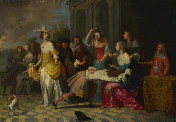 Ladies and Gentlemen playing La Main Chaude, c. 1655-1665. Artist: Janssens, Hieronymus, (Workshop)