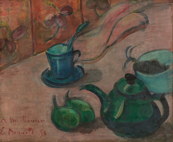 Still life with teapot, cup and fruit, 1890. Artist: Bernard, Émile (1868-1941)