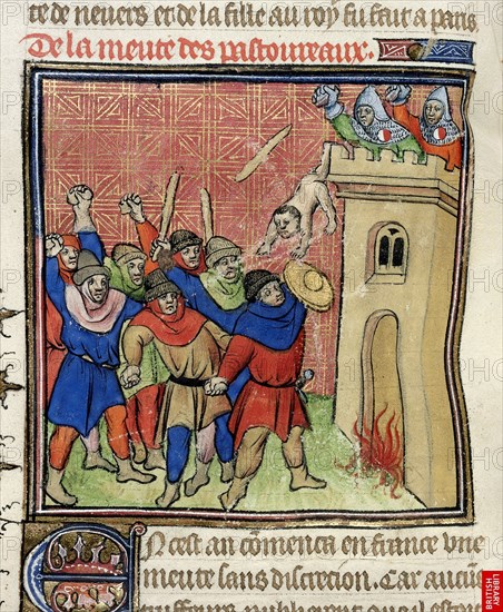 Detail of a miniature of the Third Crusade of Pastoureaux. Jews throwing their children from a tower, after 1380. Artist: Virgil Master (active 1380-1420)