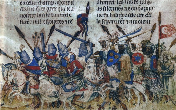 The Saracens drive out the Greeks under the Byzantine Emperor Heraclius at Antioch, 632., (c1350). Creator: Anonymous.