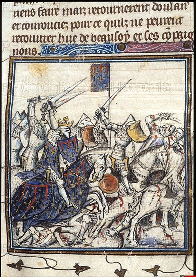 Crusaders and Saracen Fighting during the Third Crusade (From the Chroniques de France ou de St Denis), after 1380. Artist: Anonymous