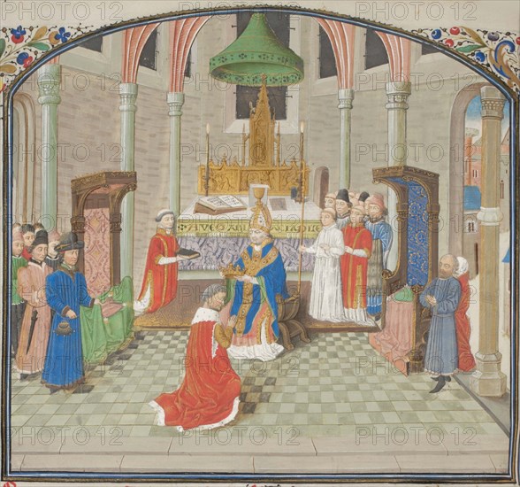 The coronation of Baldwin I on Christmas Day 1100. Miniature from the Historia by William of Tyre, 1460s. Artist: Anonymous