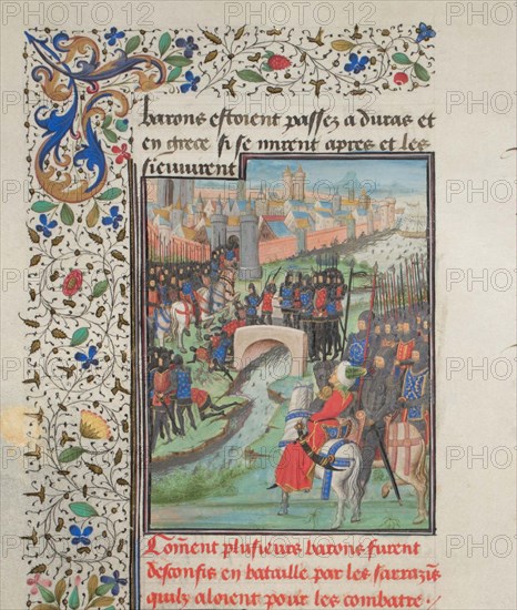 Clash of the army of the barons and the Saracens. Miniature from the Historia by William of Tyre, 1460s. Artist: Anonymous