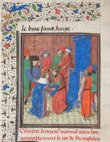 Emperor Manuel I Komnenos meets with king Amalric I of Jerusalem. Miniature from the Historia by William of Tyre, 1460s. Artist: Anonymous