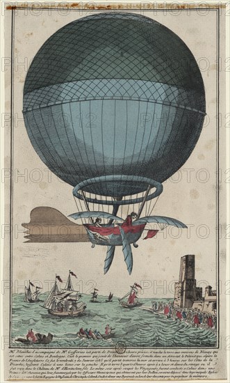 Jean Pierre Blanchard and John Jefferies arriving in Calais after crossing the English Channel in a hot air balloon, 1785. Artist: Anonymous