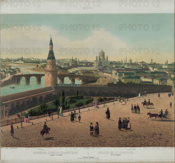 View of the Cathedral of Christ the Saviour and the Moscow Kremlin (from a panoramic view of Moscow in 10 parts), ca 1848. Artist: Benoist, Philippe (1813-after 1879)