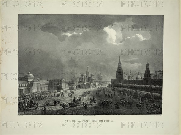 Upper Trading Rows at the Red Square in Moscow, c. 1830. Artist: Cadolle, Auguste Jean Baptiste Antoine (1782-1849)