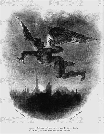 Mephistopheles Prologue in The Sky. Illustration to Goethe's Faust, 1828. Artist: Delacroix, Eugène (1798-1863)