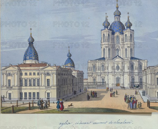 The Smolny Resurrection Cathedral in Saint Petersburg, 1830-1840s. Artist: French master