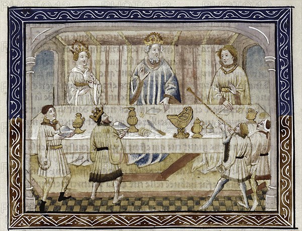 Caesar Augustus, his wife and son at table (From: Jean Hayton, Fleur des histoires de la terre d'Orient), c.1410. Artist: Master of Berry Apocalypse (active 1400-1415)