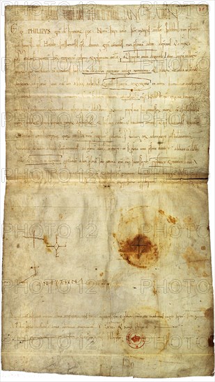 Diploma of Philip I in favor of the Abbey of St. Crépin in Soissons, with signature by Anne of Kiev, Queen of France, 1063. Artist: Medieval Document