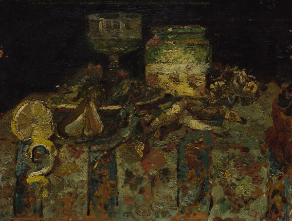 Still Life: Oysters, Fish, c. 1880. Artist: Monticelli, Adolphe-Thomas-Joseph (1824-1886)